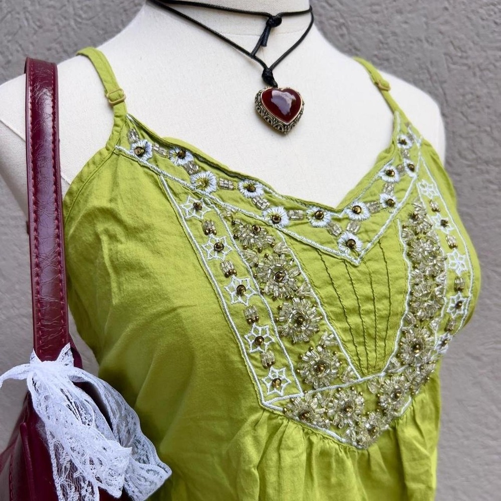 Vintage Y2K Apt 9 Lime Green Beaded Tank Top Size Large Boho Festival - Picture 5 of 8
